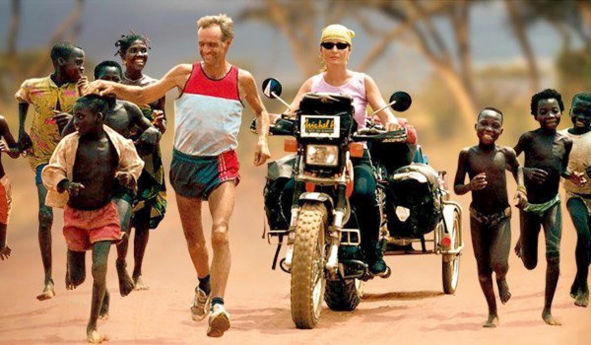 Swiss runner Serge Roetheli ran 25,422 miles til he'd circled the world with his wife Nicole riding along beside him for each step atop a motorcycle and when their journey was over they divorced.
