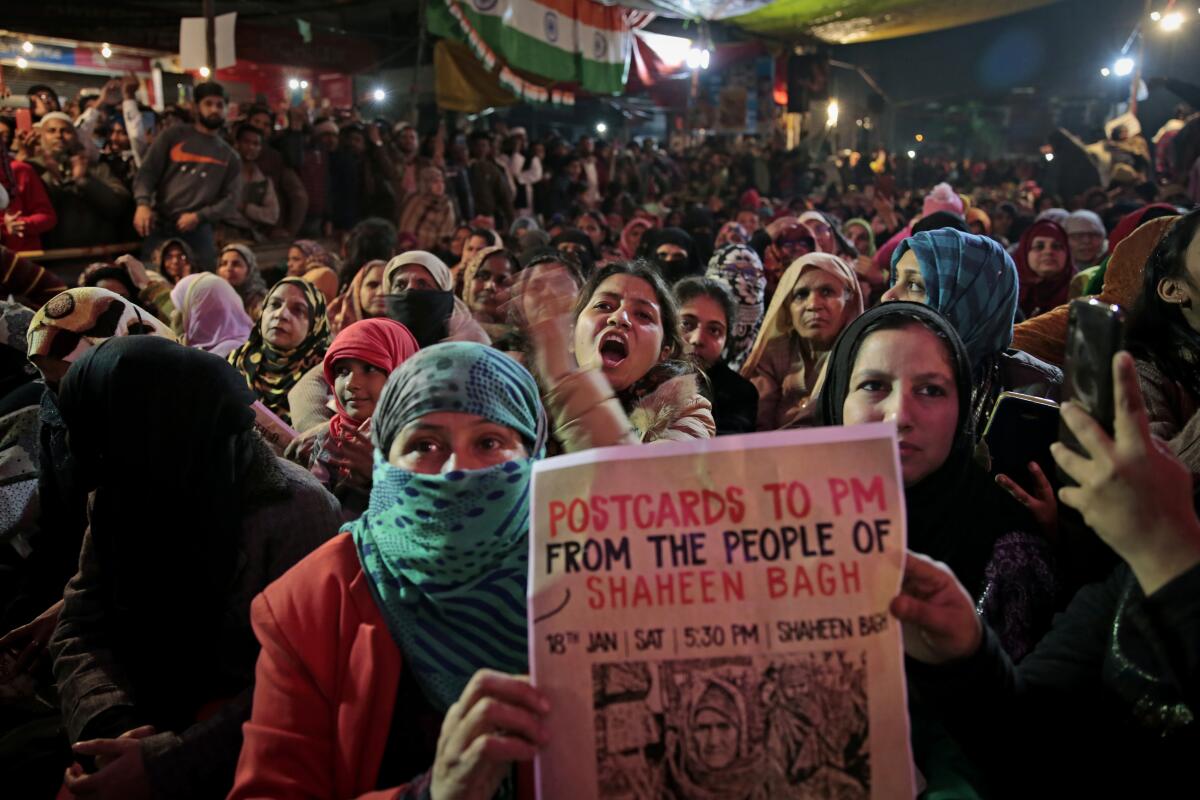 Women opposed to a new citizenship law take part in a protest in New Delhi on Jan. 18.