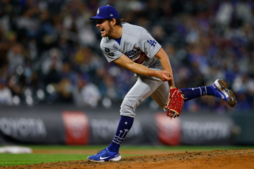 DENVER, CO - APRIL 2: Starting pitcherTrevor Bauer #27 of the Los Angeles Dodgers delivers to home plate.