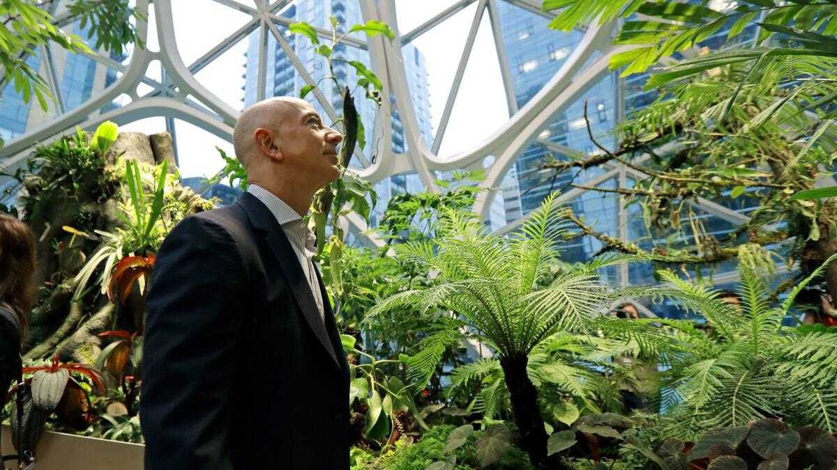 Jeff Bezos, CEO y fundador de Amazon.com, recorriendo las Esferas de Amazon, tres cúpulas geodésicas llenas de plantas que sirven como lugar de trabajo y de reunión para los empleados de Amazon, en enero de 2018, en Seattle.