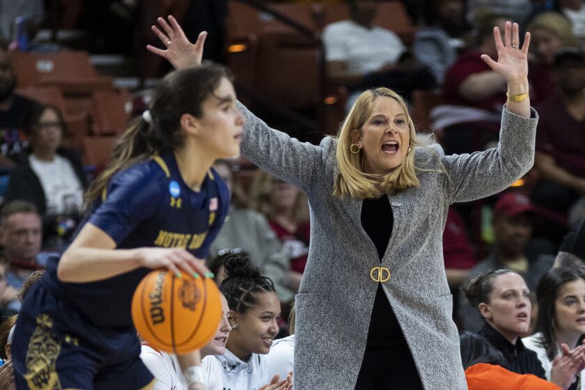Maryland's head coach Brenda Frese yells to her players during the first half of a Sweet 16 college basketball game against against Notre Dame in the NCAA Tournament in Greenville, S.C., Saturday, March 25, 2023. (AP Photo/Mic Smith)
