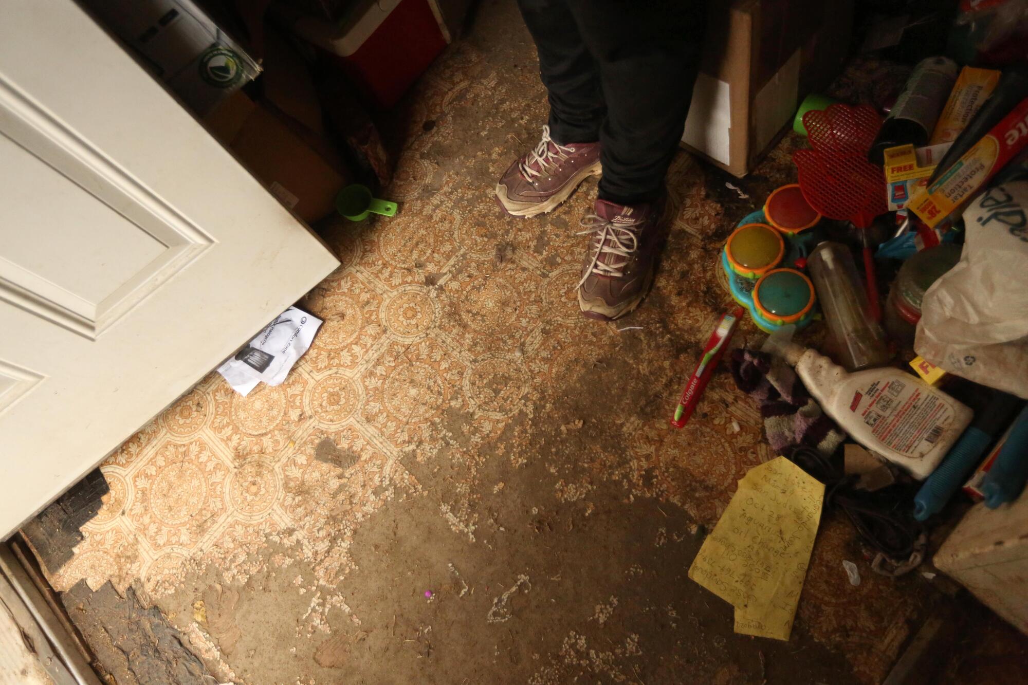 Close-up of a water-damaged floor.