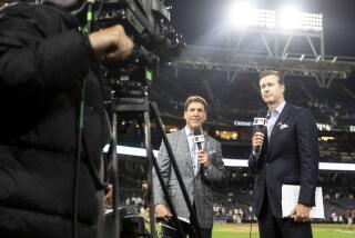 San Diego, CA - June 02: Mike Pomeranz and Bob Scanlan go on air after the Padres loss to the Cubs at Petco Park on Friday, June 2, 2023 in San Diego, CA. (Meg McLaughlin / The San Diego Union-Tribune)