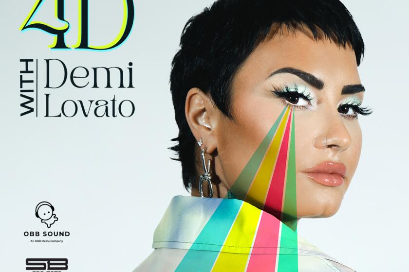 A person with rainbow rays cascading from their eye and text in the corner that reads "4D with Demi Lovato"