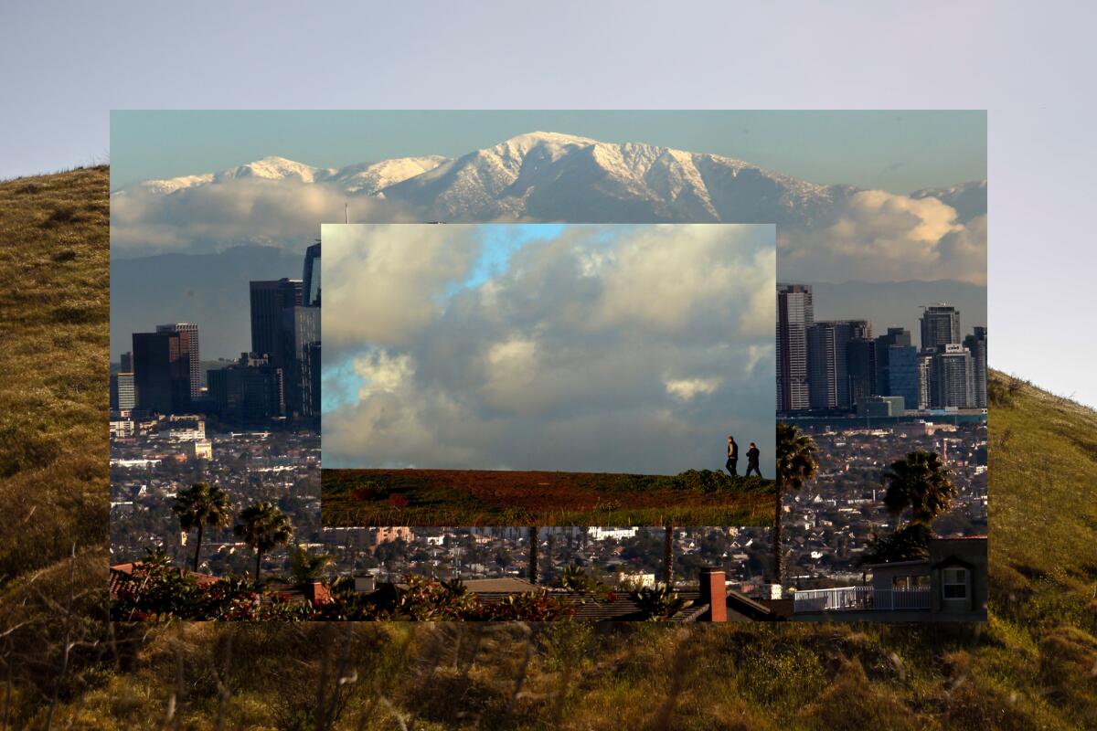 Composite of three photos showing snowy mountains, downtown L.A. skyline and people walking on a hilltop.