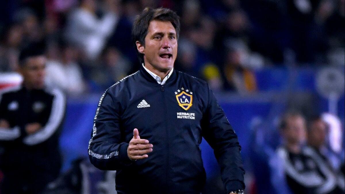 Galaxy coach Guillermo Barros Schelotto during the first half against the Houston Dynamo on April 19.