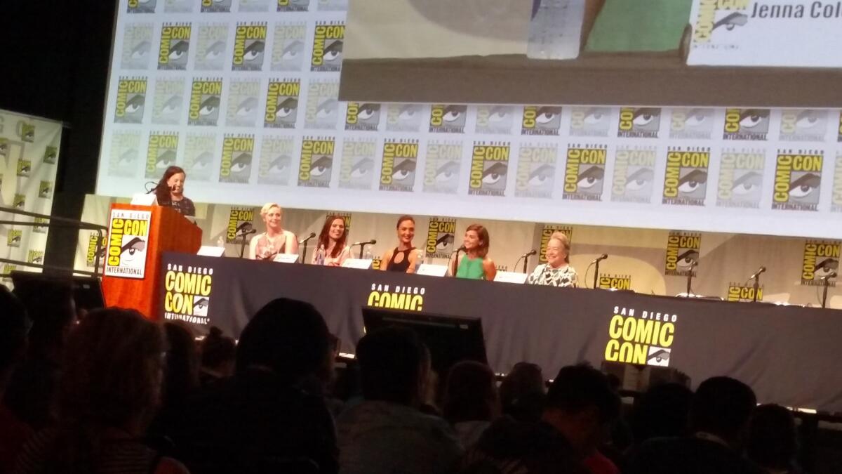 EW's Sara Vilkomerson, left, and actresses Gwendoline Christie, Hayley Atwell, Gal Godot, Jenna Coleman and Kathy Bates at Comic-Con.