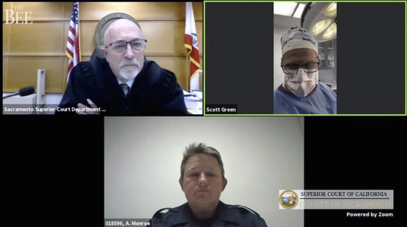 A Zoom conference call for a trial shows, clockwise from top left, a judge, a doctor in surgical gear and a police officer.