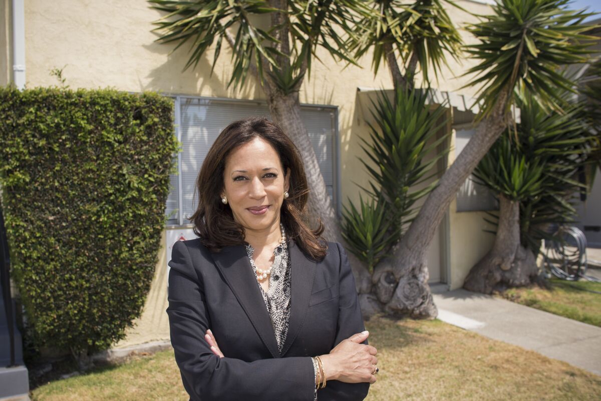 Kamala Harris, the daughter of immigrants from India and Jamaica, stands outside the Berkeley home where she grew up.