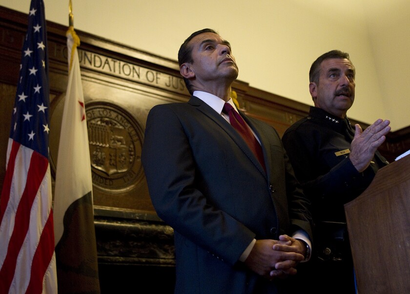Over the course of Antonio Villaraigosa's nearly eight years as mayor, crime has significantly declined. Above: Villaraigosa is seen, left, with LAPD Chief Charles Beck in 2011.