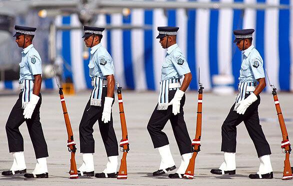 A drill team rehearses for the Indian Air Force Day parade. The 77th anniversary of the force will be celebrated on Thursday.
