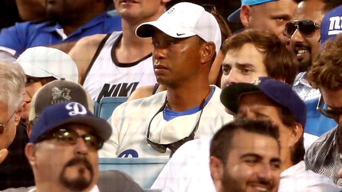 Tiger Woods attends Game 2 of the 2017 World Series between the Houston Astros and the Los Angeles Dodgers at Dodger Stadium on October 25, 2017.