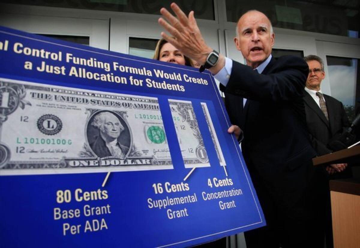 Gov. Jerry Brown held a news conference last month at Humphreys Avenue Elementary School to discuss the importance of redistributing education money.