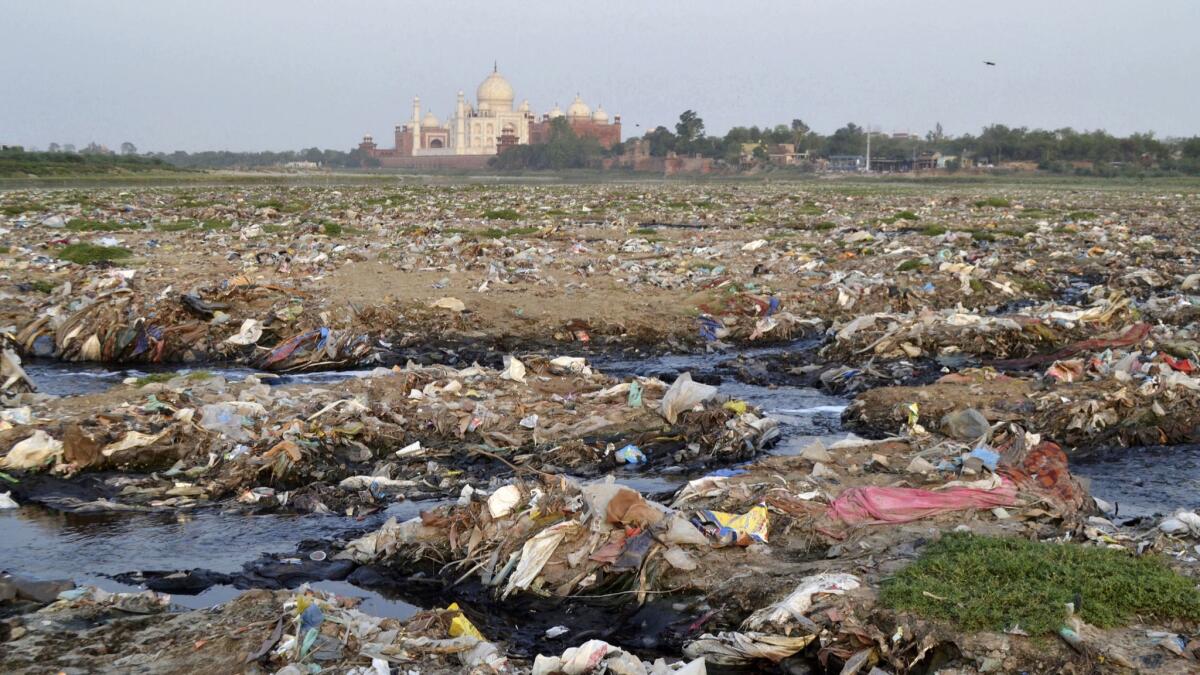 Garbage covers the area by the Yamuna river near the Taj Mahal in Agra, India.