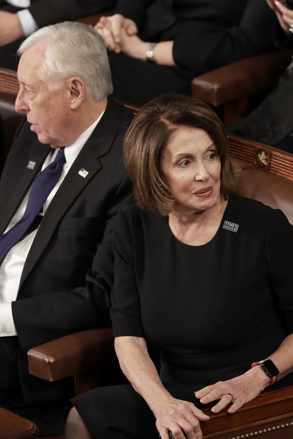 House Minority Leader Nancy Pelosi, D-Calif, and Minority Whip Steny Hoyer, D-Md., both wore Time's Up pins at Tuesday's State of the Union address.