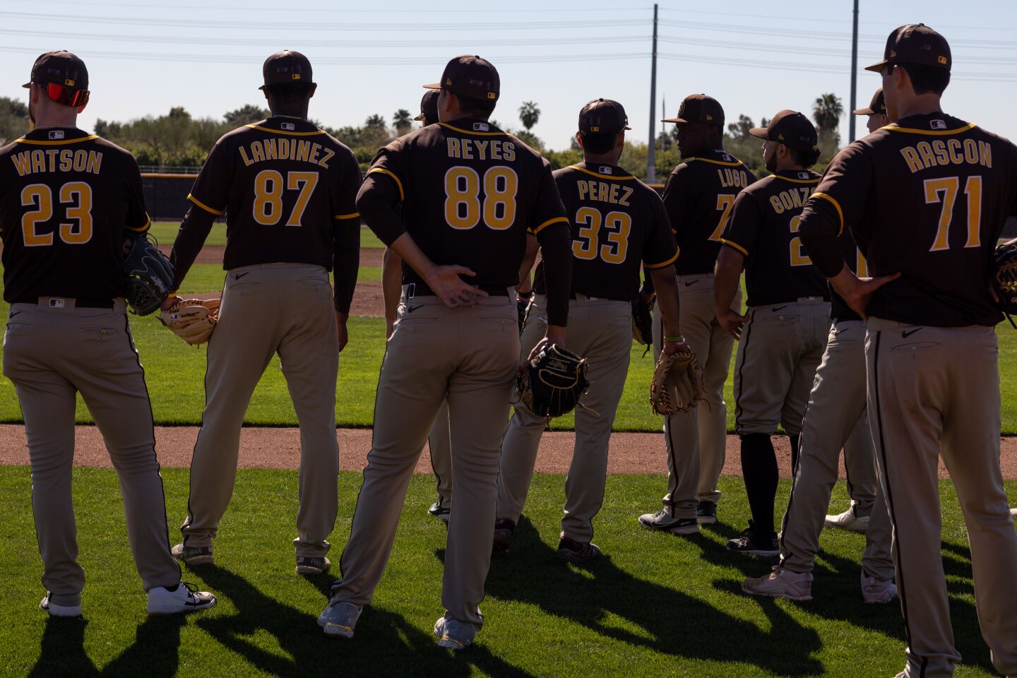 PEORIA, AZ - March 07: Padres minor league players practice on the first day of training camp at Peoria Sports Complex on Monday, March 7, 2022 in Peoria, AZ. (Caitlin O'Hara / For The San Diego Union-Tribune)