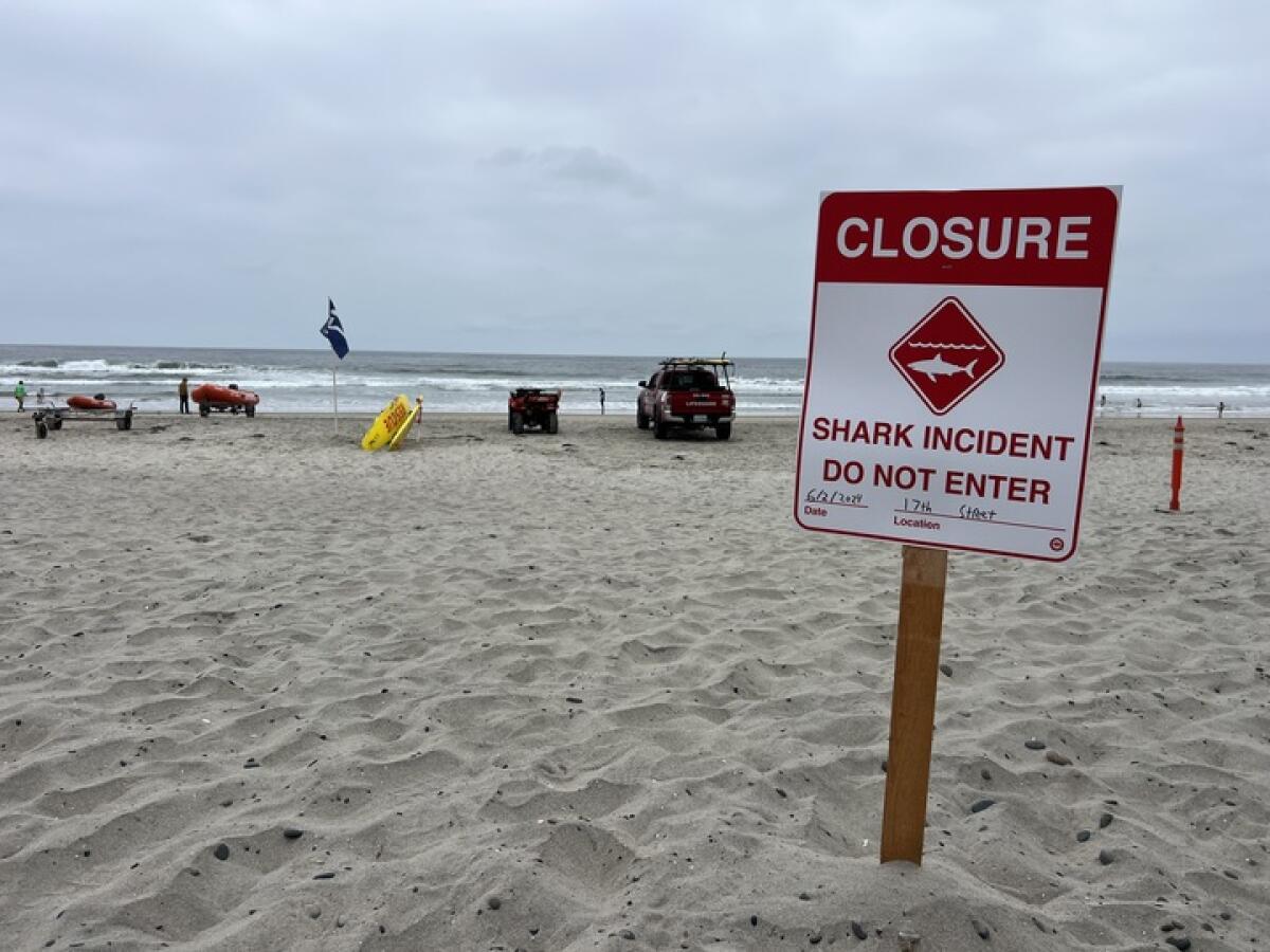 A sign about a shark attack near Del Mar