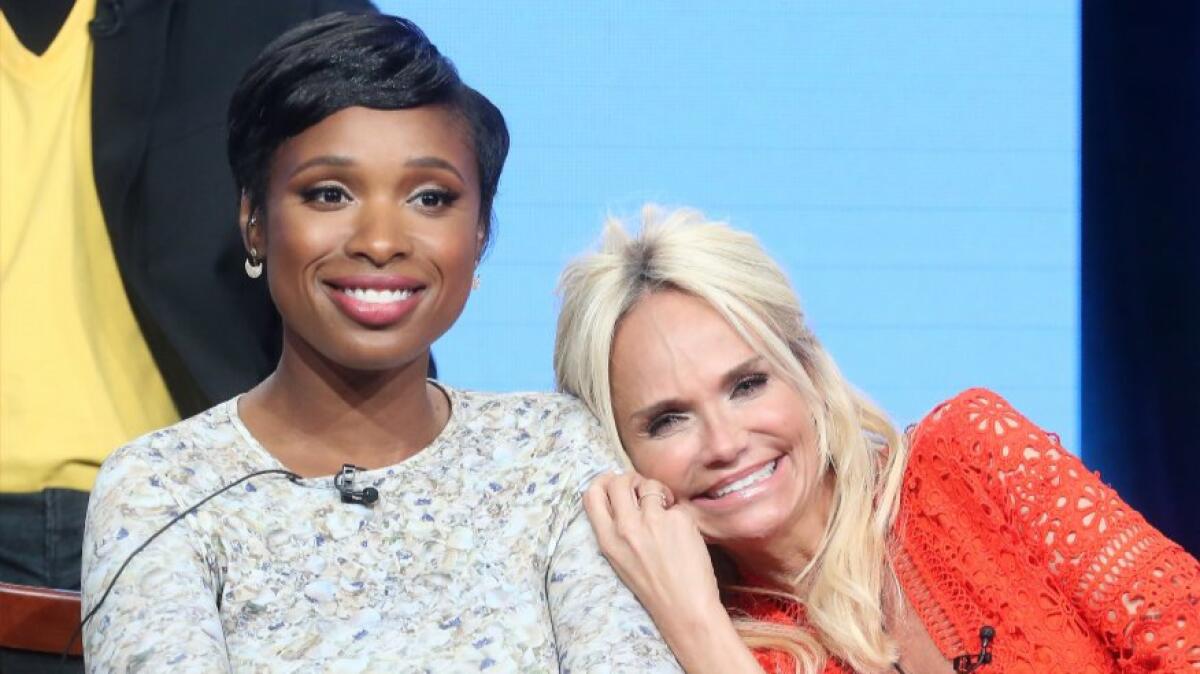 Jennifer Hudson and Kristin Chenoweth are shown at the "Hairspray Live!" panel discussion during the NBCUniversal portion of the 2016 Television Critics Assn. Summer Tour on Tuesday at the Beverly Hilton in Beverly Hills.