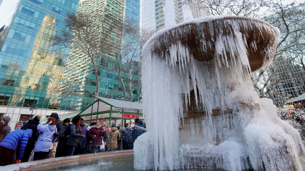 A fountain at Manhattan's Bryant Park was frozen in the recent cold snap, which President Trump suggested is proof that global warming isn't happening.