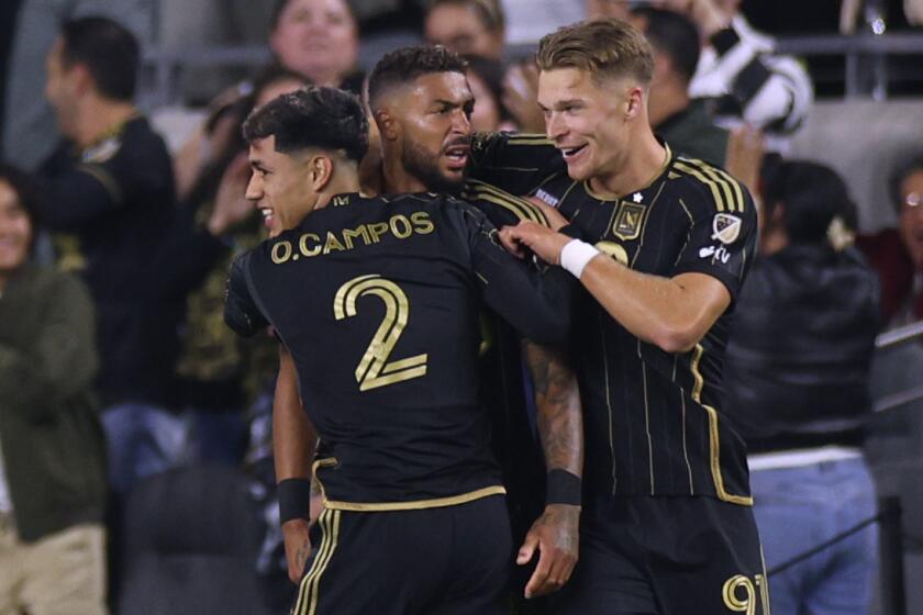 LOS ANGELES, CALIFORNIA - APRIL 20: Denis Bouanga #99 of Los Angeles FC celebrates.