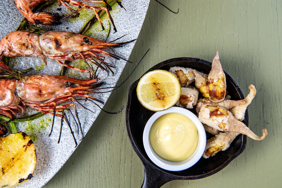 Grilled prawns and fried baby artichokes from Saso.
