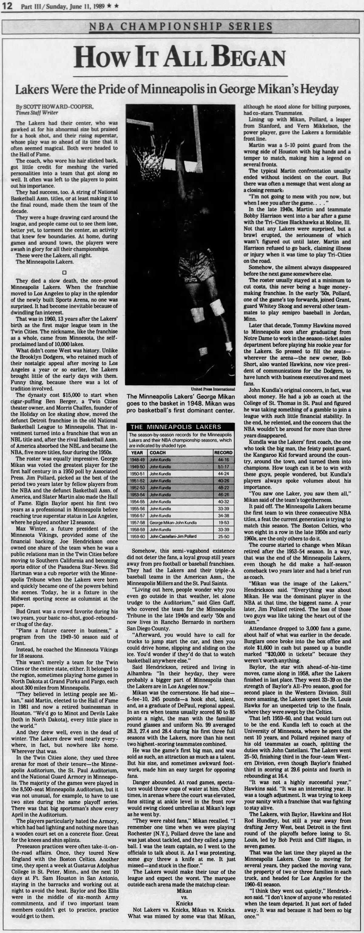 June 11, 1989 Lakers story on George Mikan.