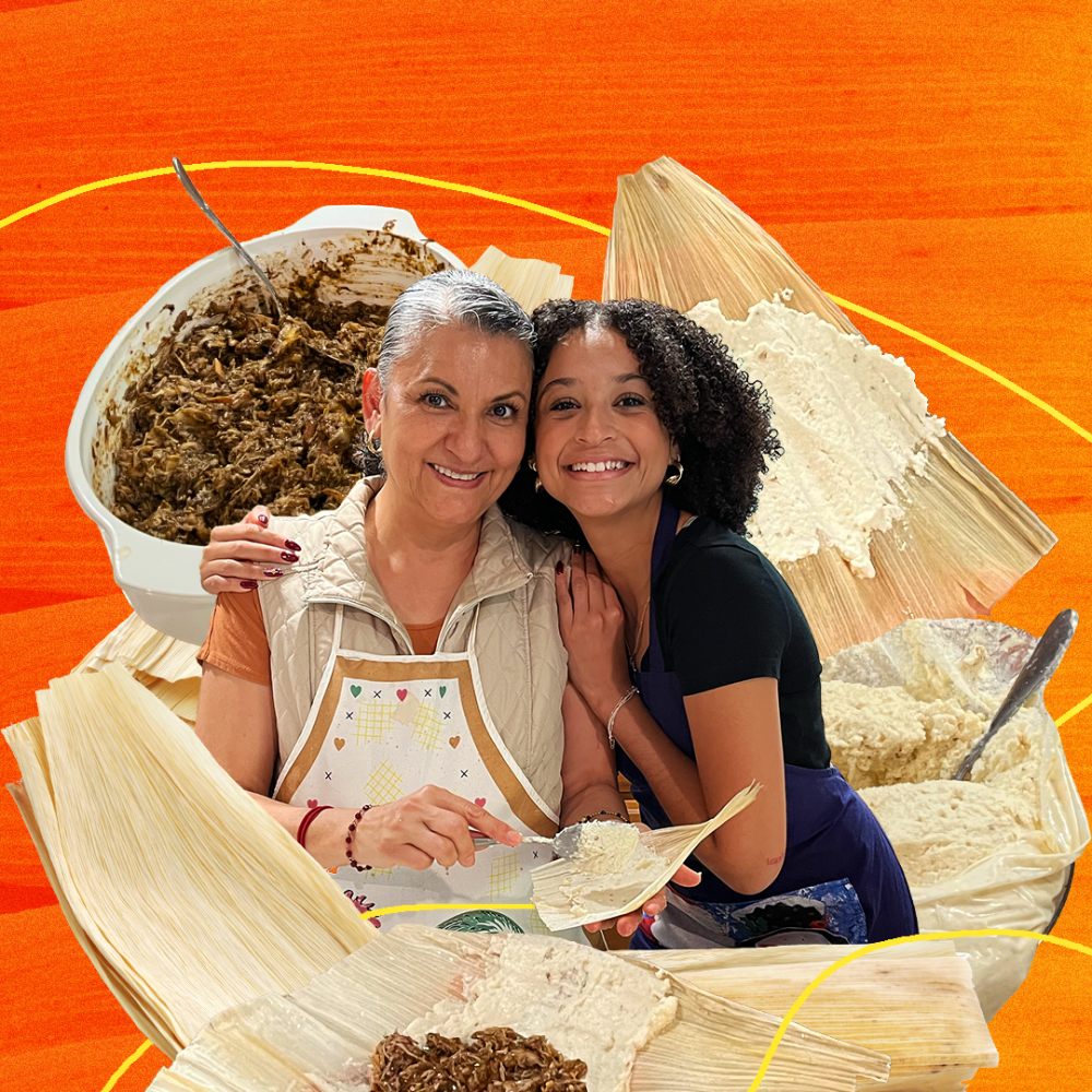 The author and her mother pose while making tamales 