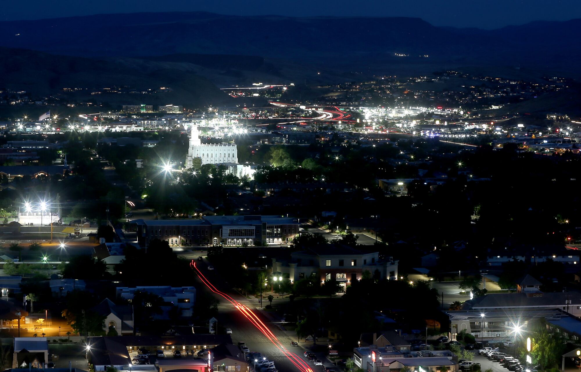 A Mormon temple stands in the middle of St. George, Utah,