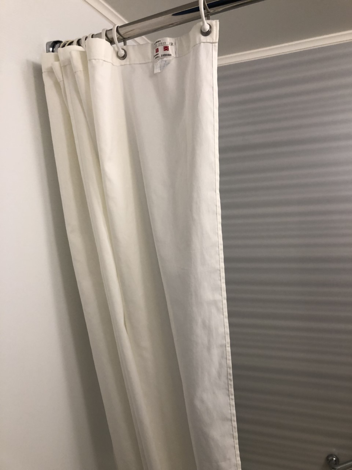 The shower curtain hanging in Helene Elliott's Tokyo hotel room.