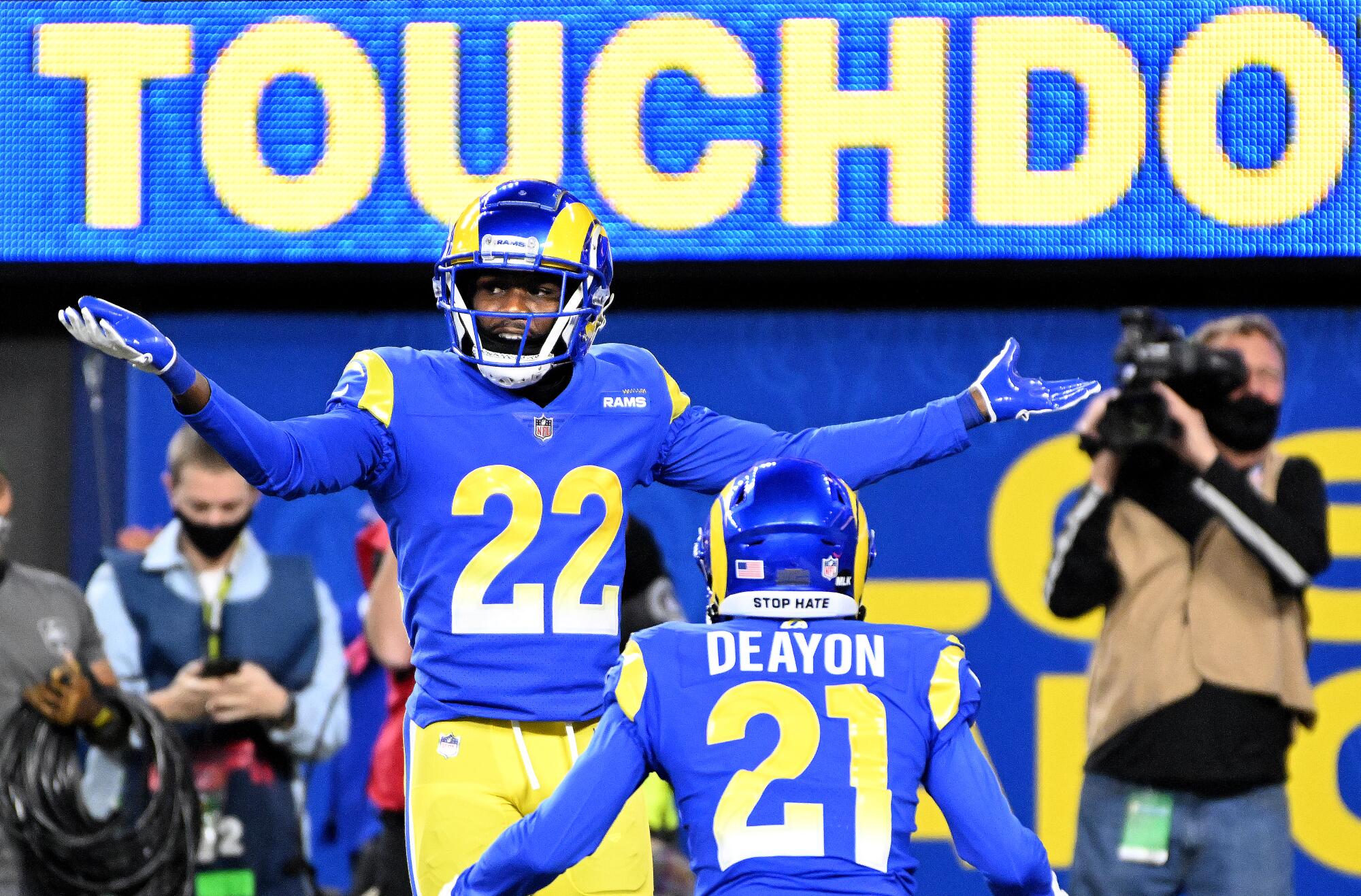 Rams cornerback David Long Jr. celebrates his interception for a touchdown.