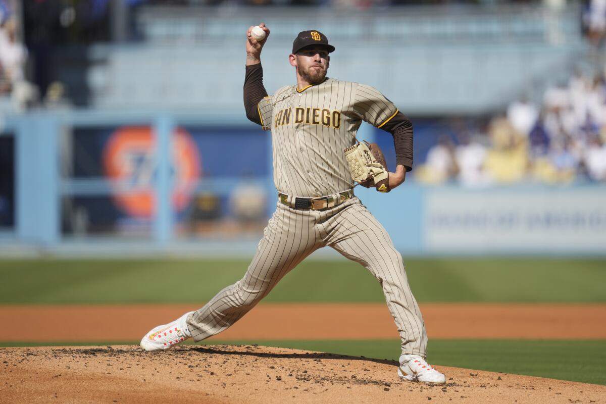 San Diego Padres starting pitcher Joe Musgrove delivers against the Dodgers in the first inning.
