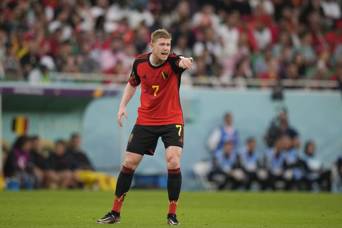 Belgium's Kevin De Bruyne gestures during the World Cup group F soccer match between Belgium and Morocco, at the Al Thumama Stadium in Doha, Qatar, Sunday, Nov. 27, 2022. (AP Photo/Frank Augstein)