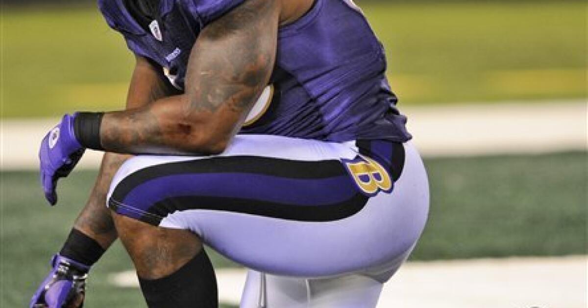 Baltimore Ravens Ray Lewis reacts with Joe Flacco after the game against  the New York Jets on Monday Night Football in week 1 of the NFL season at  New Meadowlands Stadium in