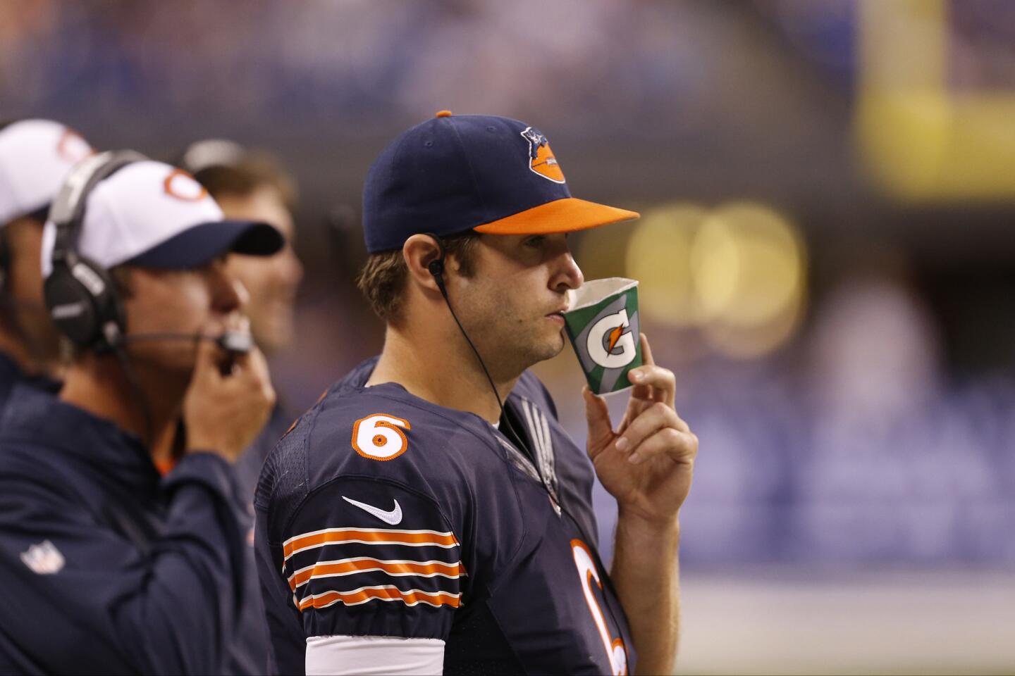 Bears quarterback Jay Cutler on the bench in the second half of a preseason game against the Colts.