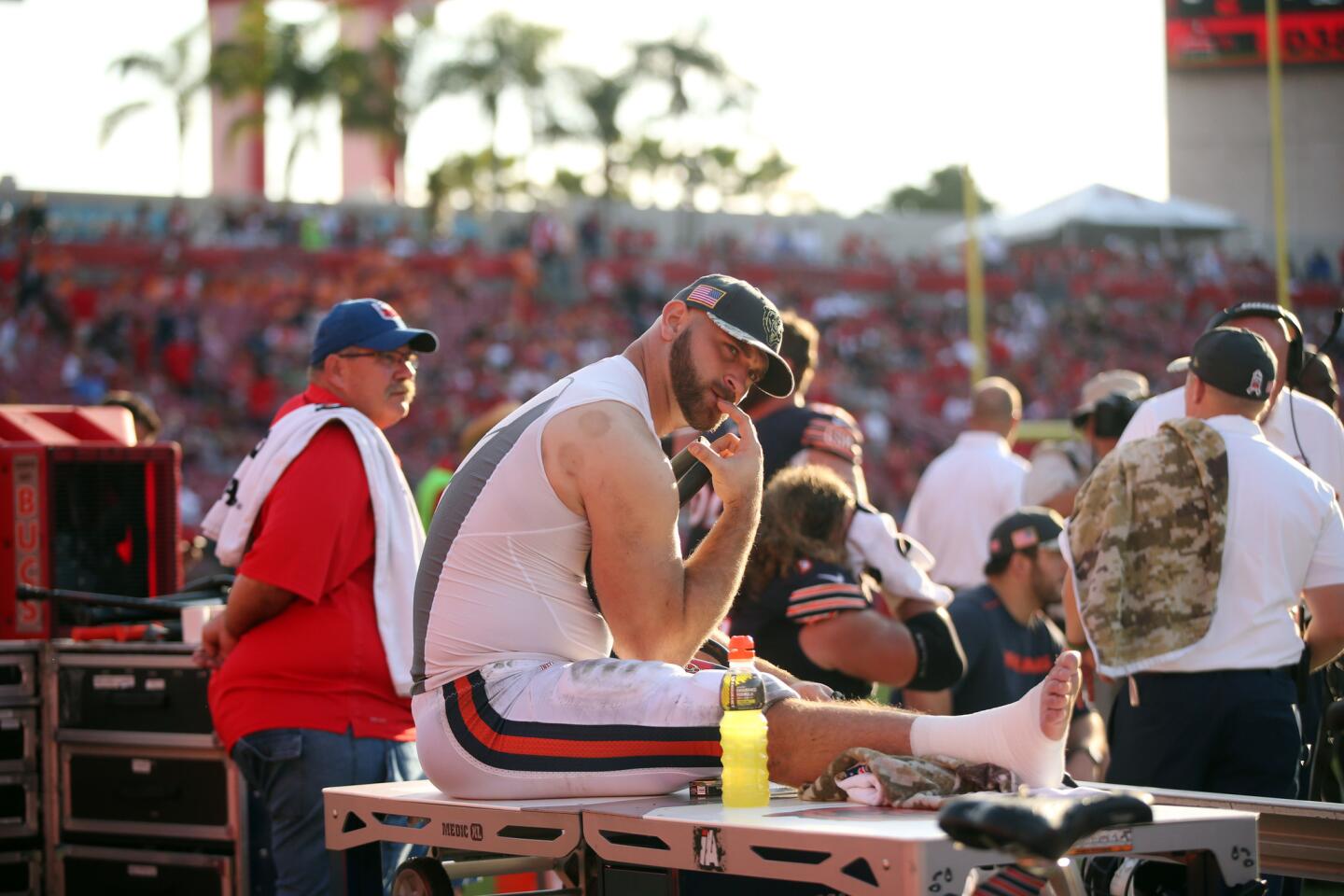 Chicago Bears offensive guard Kyle Long (75) sits on the bench after his injury on Nov. 13, 2016 at Raymond James Stadium in Tampa, Fla. The Bears lost to the Bucs, 36-10.