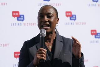 Laphonza Butler, president of EMILY'S List, speaks during a rally held by the Latino Victory Fund, Thursday, Oct. 20, 2022, in Coral Gables, Fla. The midterm elections are November 8. (AP Photo/Lynne Sladky)