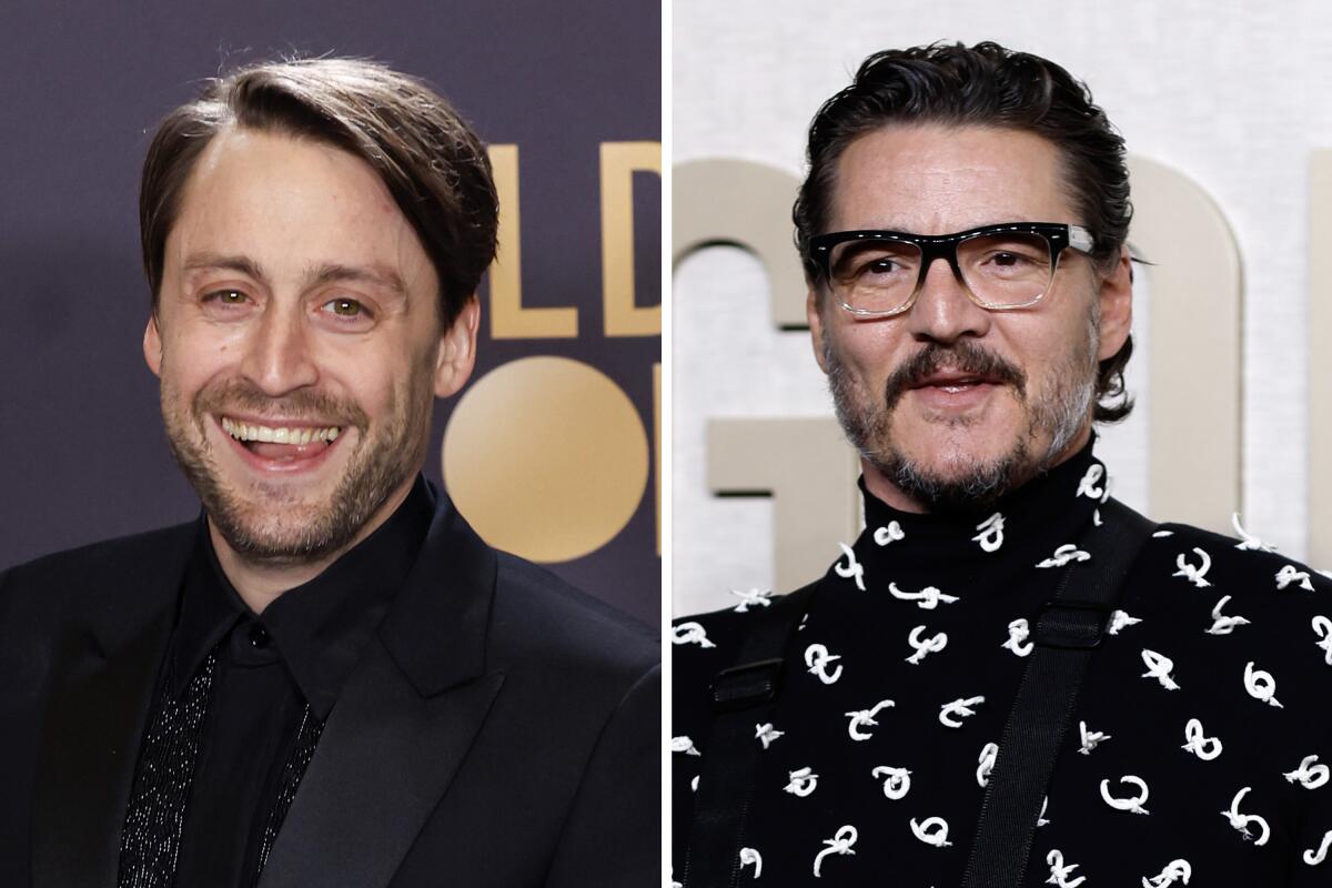 Separate headshots of Kieran Culkin, left, in all black and Pedro Pascal, right, in black with white symbols