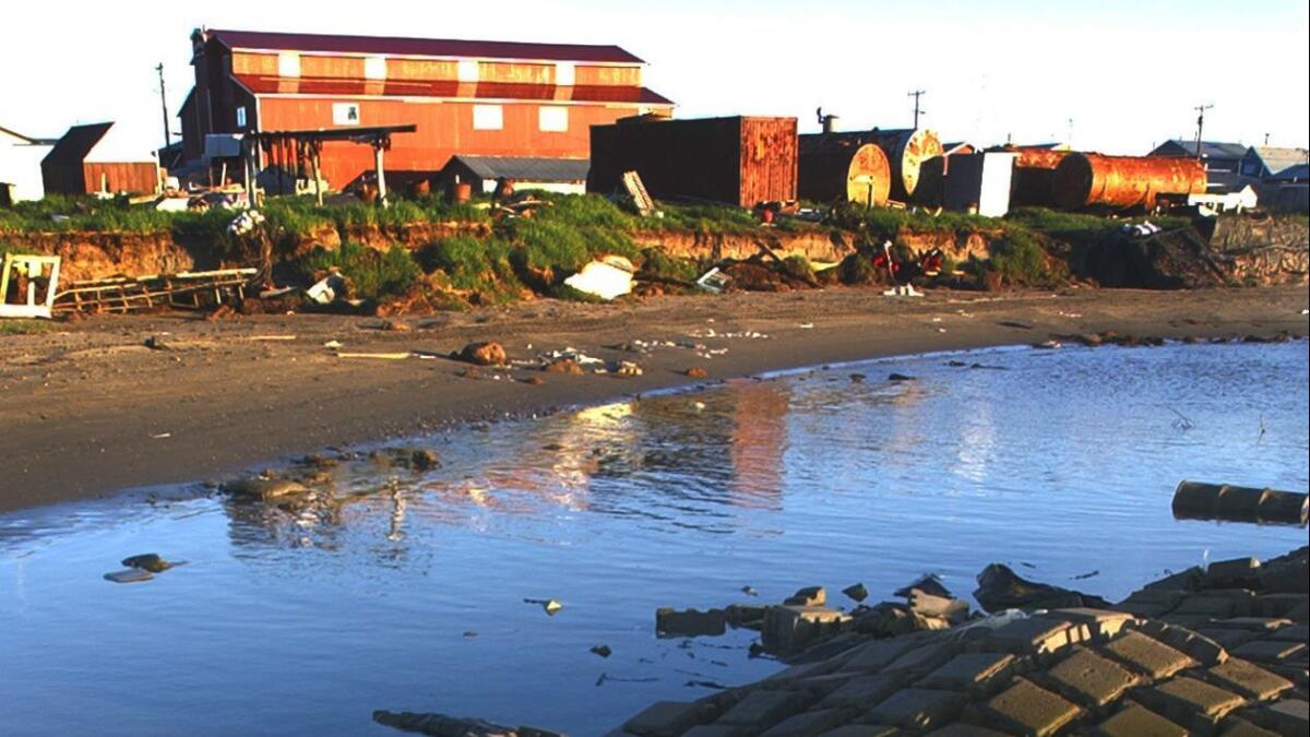 An eroded coastal retaining wall in Shishamaref, Alaska on July 20, 2002.