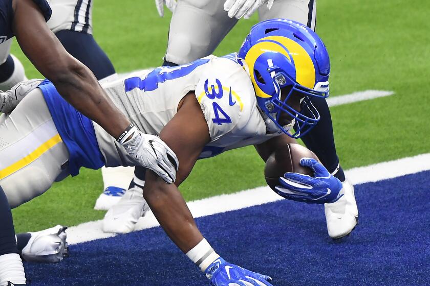 INGLEWOOD, CALIFORNIA SEPTEMBER 13, 2020-Rams Malcolm Brown scores a touchdown.