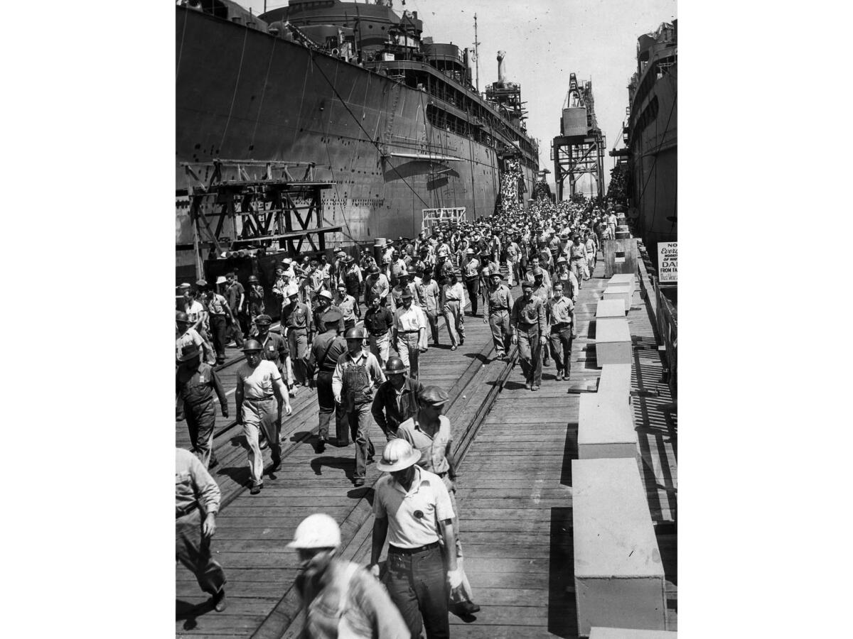 Sept. 6, 1943: The Labor Day "parade" during World War II consisted of workers at the Los Angeles and Dry Dock Corp. in San Pedro heading to lunch.