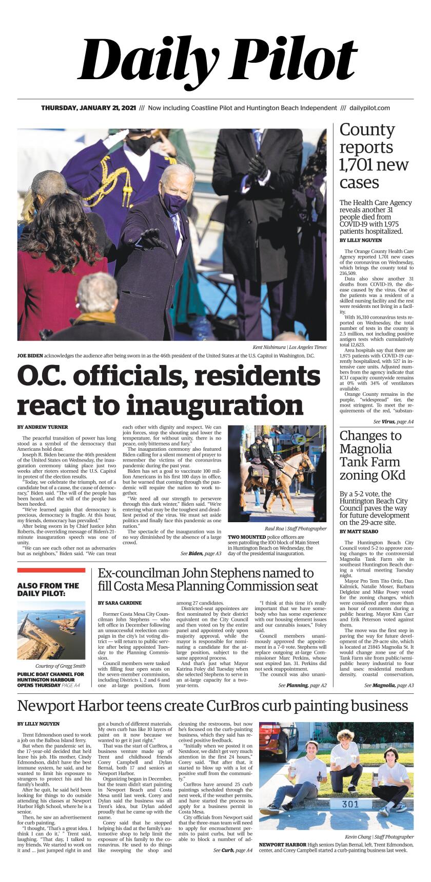 Front page of Thursday's Daily Pilot.