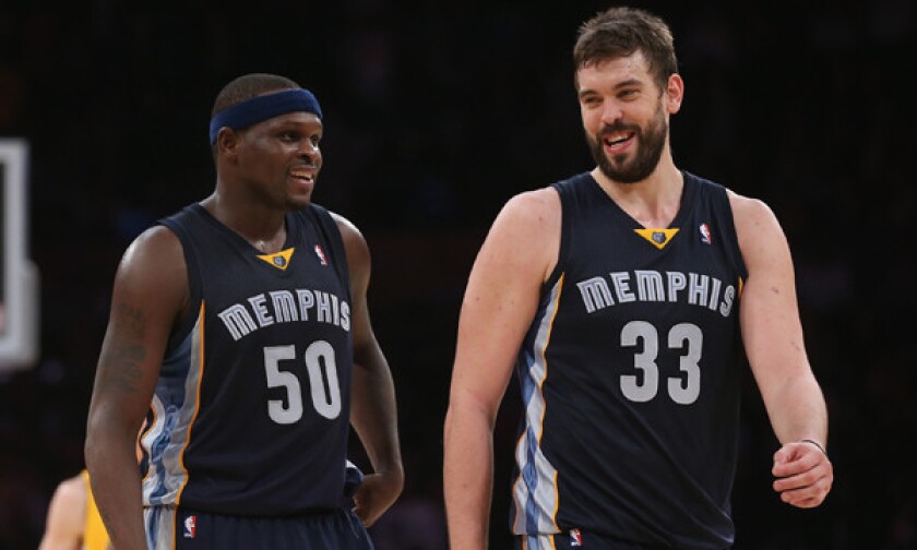 Memphis Grizzlies teammates Zach Randolph, left, and Marc Gasol share a laugh during the closing minutes of a Nov. 15 win over the Lakers at Staples Center.