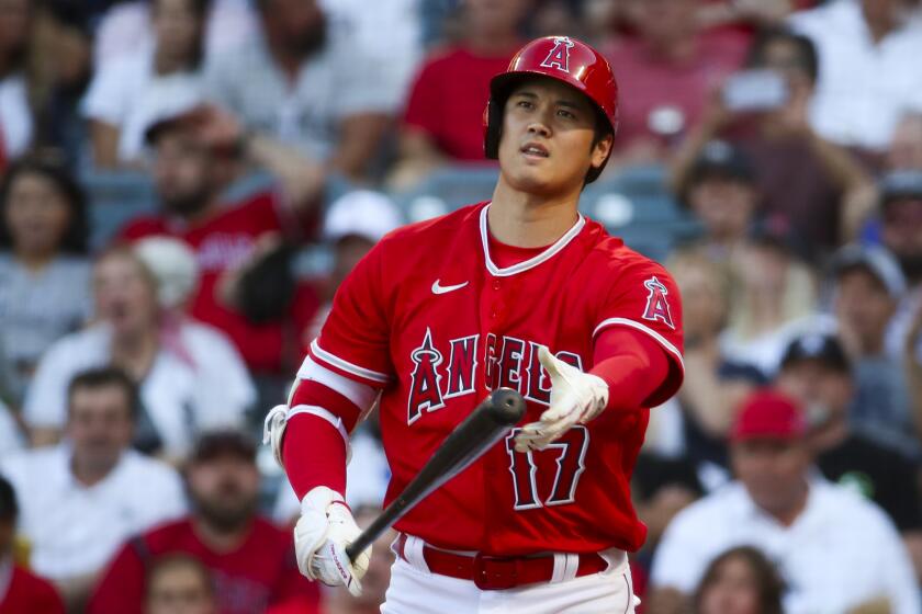 Anaheim, CA - July 18: Angeles designated hitter Shohei Ohtani during a game with the Yankees.
