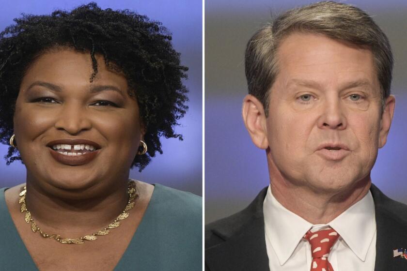 This combination of May 20, 2018, photos shows Georgia gubernatorial candidates Stacey Abrams, left, and Brian Kemp in Atlanta. With the Georgia governorâs race now set, the contest between Kemp and Abrams becomes a question of which candidate can move beyond their partisan bases to capture the electoral middle in this emerging battleground state. (AP Photos/John Amis, File)