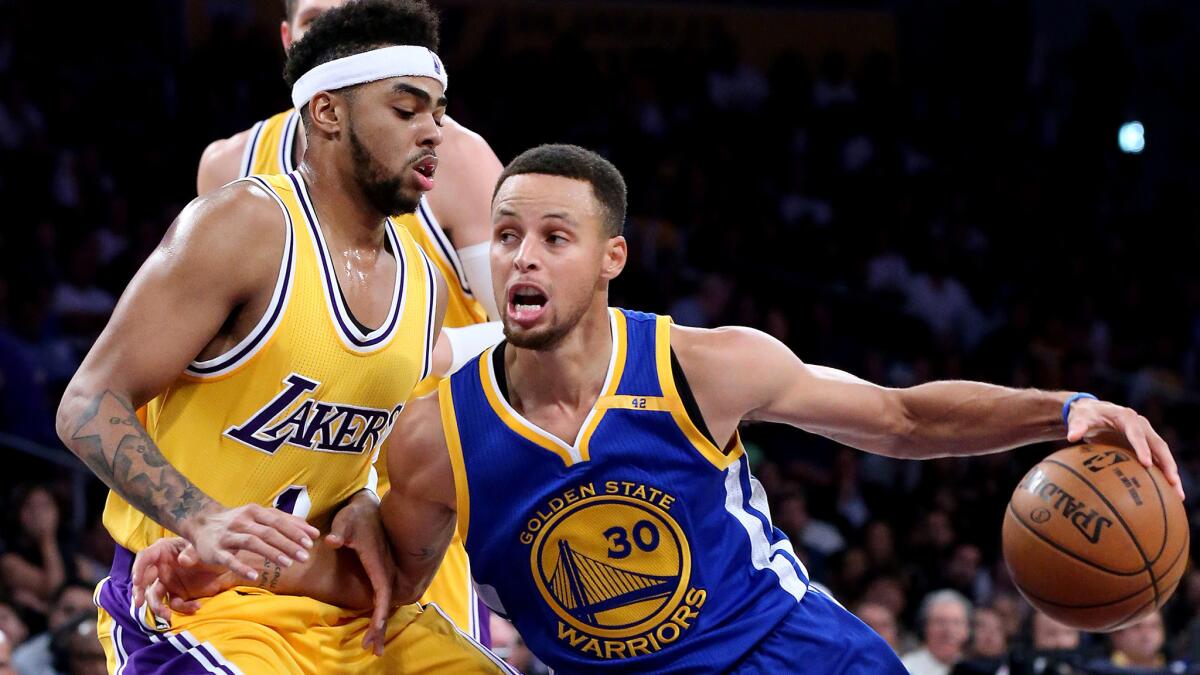 Lakers guard D'Angelo Russell defends against Warriors guard Stephen Curry in the fourth quarter on Friday.