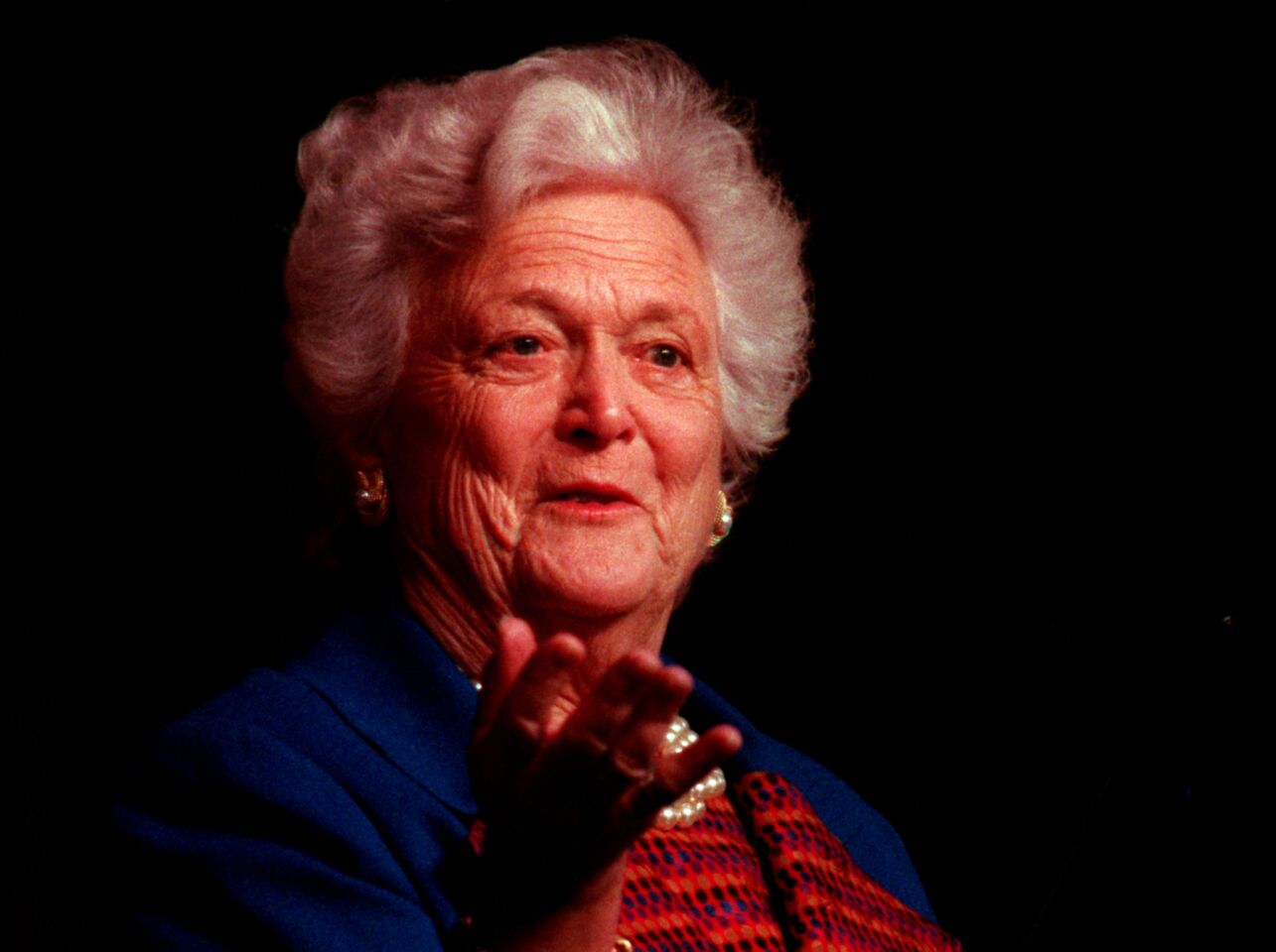 Former First Lady Barbara Bush gives a speech in 1996 at the California Credit Union League Convention at the Disneyland Hotel in Anaheim.