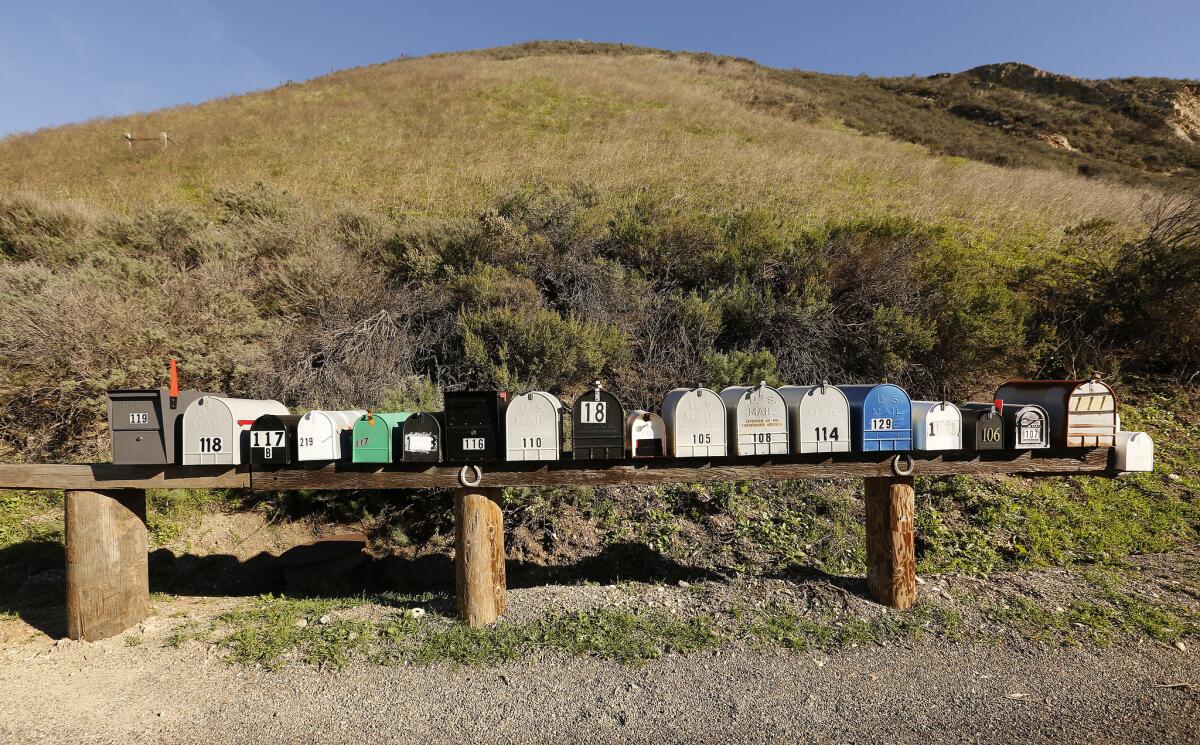 Mailboxes marked by parcel number in Hollister Ranch. (Al Seib / Los Angeles Times)