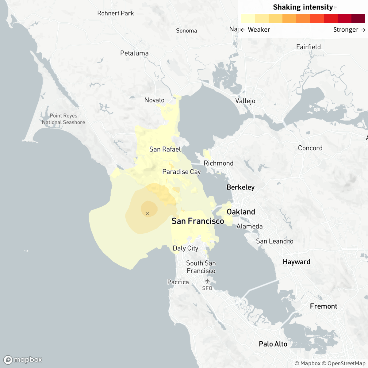 A map shows the location of a 3.6 earthquake in San Francisco.