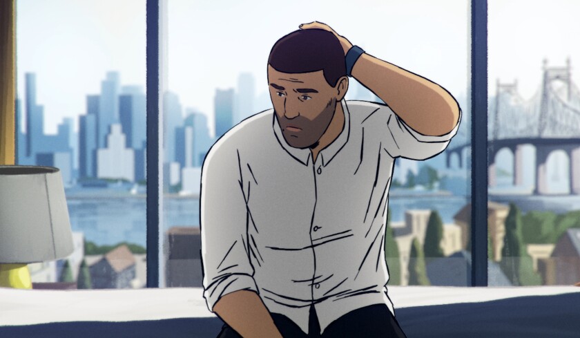 A still of animated doc "Flee" shows a man placing a hand on his head as he sits in front of a window with a view of the city