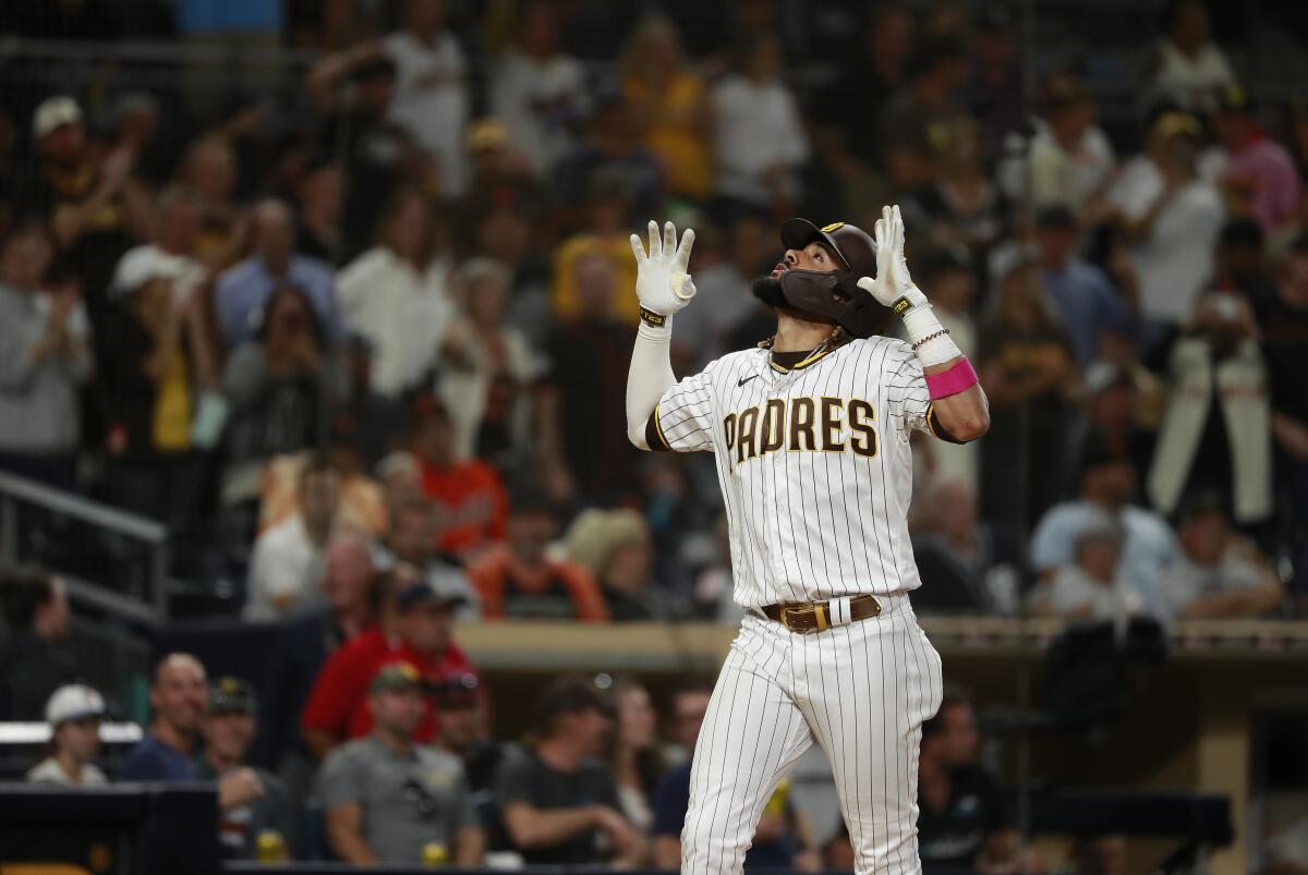 Fernando Tatis Jr. celebrates after hitting a home run against the San Francisco Giants 